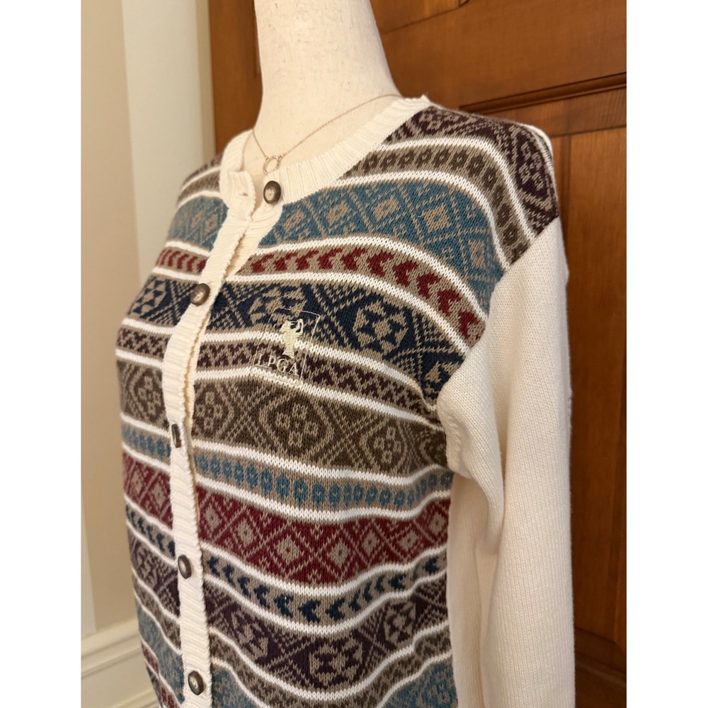 IZOD x LPGA Golf Cardigan Sweater Womens M Cream Embroidered Knit‎ Country Club